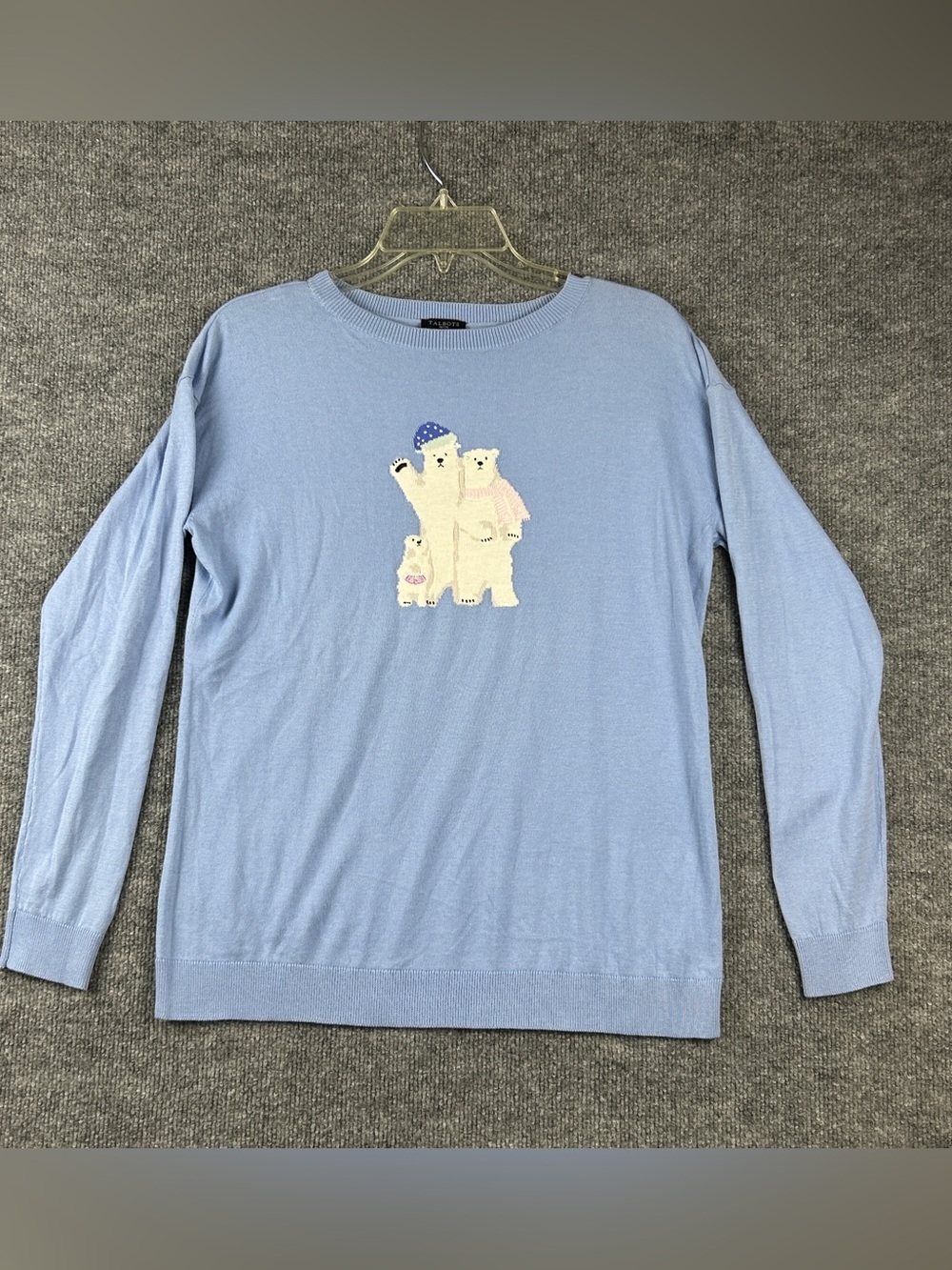 Talbots Light Blue Polar Bear Family Knit Crewneck Sweater Size SP Small Petite